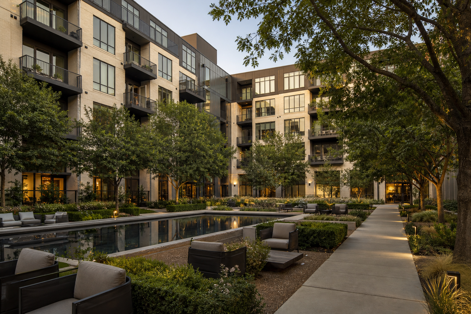 AI-generated fictional apartment courtyard